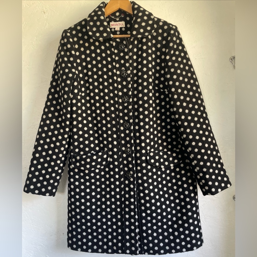 Black White Polka Dot  Wool Blend Coat Fancy Buttons Vintage Womens L